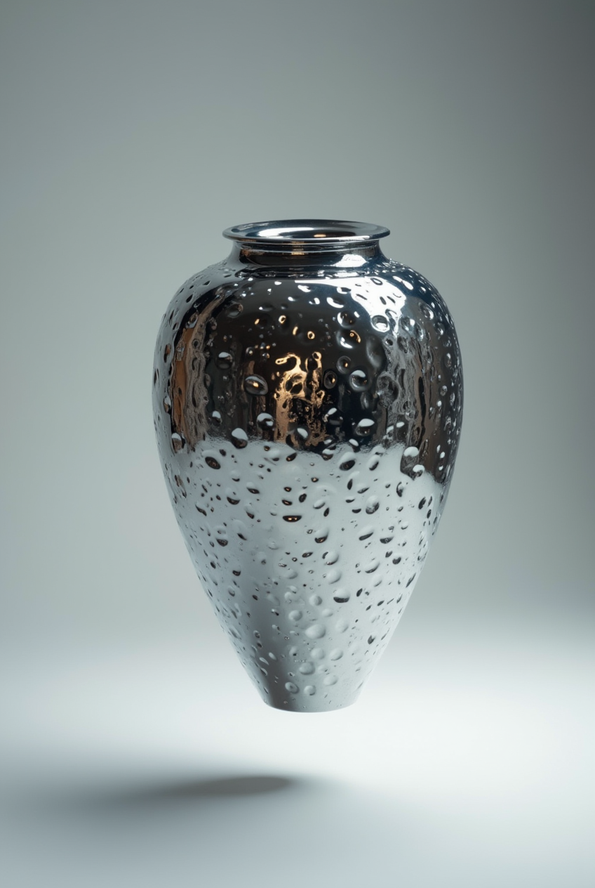 Metallic vase with water droplets